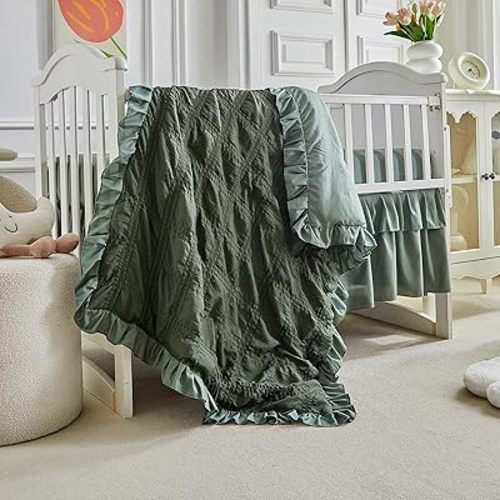 Ruffled Crib Bedding Set Baby Boho Quilted Comforter with Fitted Sheet and Bed Skirt - Cute Soft Breathable Seersucker Ruffled Shabby Chic Bedding Soft Blanket Design - Dark Green