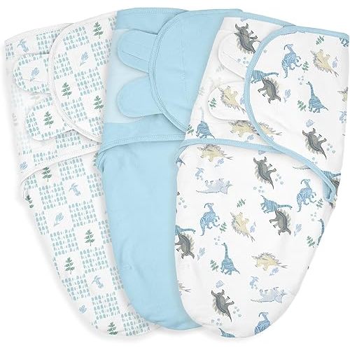 Baby Swaddle Sacks, 3-Pack Newborn Organic Cotton Swaddle Wrap, Adjustable Swaddling Blankets, Nursery Swaddling Essentials for Newborn 0-3 Months, Infant Shower Items Gift (Dinosaur & Forest)