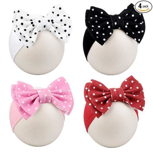 JATEBI 4 Pcs Baby Bows Baby Girl Polka Dot Headbands with Bows Nylon Bow Hair Accessories for Newborn Infants Mother's Day