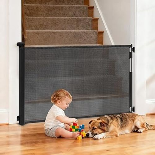 Retractable Baby Gates for Doorways, Mesh Dog Gate for Stairs, Pet Gate Indoor, Extends to 55" Wide 33" Tall, Safety Toddlers Gates for Hallways, Indoor & Outdoor Use, Black