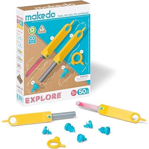 Makedo Explore | Upcycled Cardboard Construction Toolkit in Small Toolbox (50 Pieces) | STEM + STEAM Educational Toys for at Home Play + Classroom Learning | Reusable Tools for Boys and Girls Age 5+