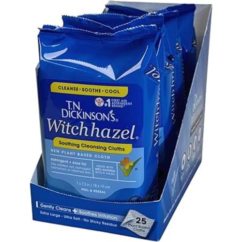 T.N. Dickinson's Witch Hazel Soothing MultiUse Cleansing Cloth, 4 Pack, 25 Cloths Per Pack,white