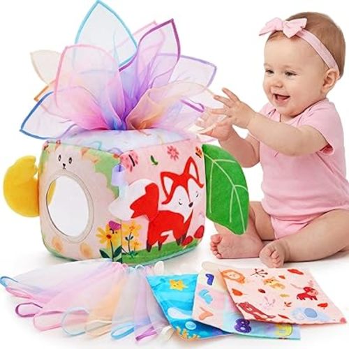 Baby Tissue Box Toy, Montessori Sensory Toy for Babies 6–12 Months, Infant Early Learning Toy with Mirror, Textured Tails & Squeaky Sounds, Baby Gift for Boys & Girls