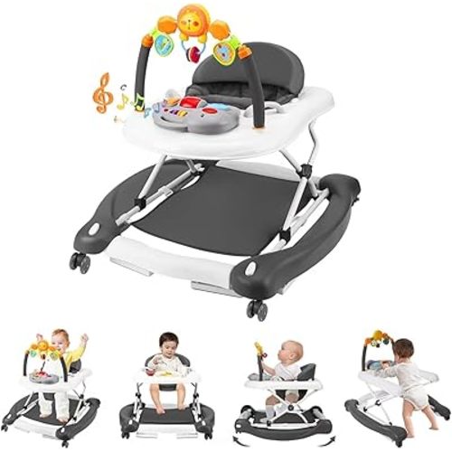 Baby Walker with Wheels, 5 in 1 Baby Walkers for Boys Girls 6-12 Months, Foldable Walker Baby with Bouncer & Feeding Tray, Music, Adjustable Heights
