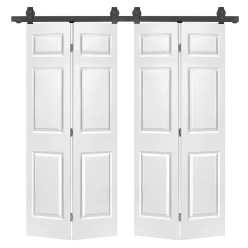 CALHOME 48 in. x 80 in. 6-Panel White Painted MDF Composite Double Bi-Fold Barn Door with Sliding Hardware Kit BIFOLD-1300-4-TOP+6PANEL-24W(2)