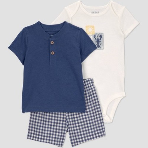 Carter's Just One You® Baby Boys' 3pc T-Shirt with Bodysuit and Gingham Shorts Set - Navy Blue 3M