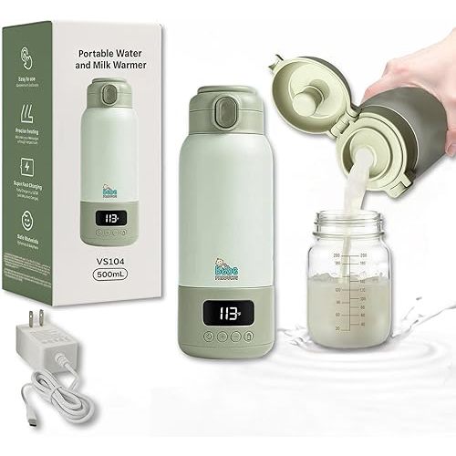 Portable Milk Warmer for Travel 17oz, 45W Fast Charge, Long Battery Life, 316 Stainless Steel, LED Display, Fast Heating, Precise Temp Control, Leak-Proof, Cordless Baby Milk Warmer for on The go