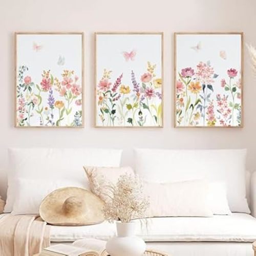 Set of 3 Watercolor Wildflower Butterflies Wall Art Floral Plant Printing Minimalist Modern Wildflowers With Butterflies Wall Decor for Girls Gift Living Room Bedroom Bathroom No Framed (16X24Inch Unframed)