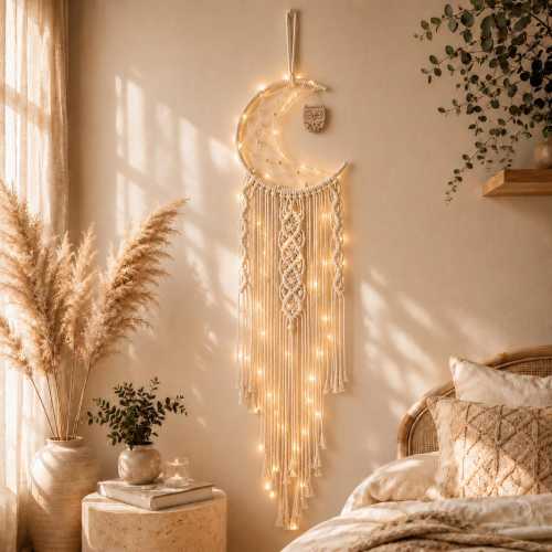 Macrame Moon Wall Hanging, Boho Dream Catcher, Crescent Moon Decor, Nursery Bedroom Woven Bohemian Art Gift