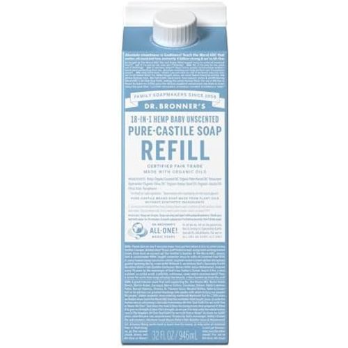 Dr. Bronner's Pure-Castile Liquid Soap Refill - Made with Regenerative Organic Certified Oils, 86% Less Plastic - 18-in-1 Uses, For Face, Body Wash, Hand Soap Refill & More - Baby Unscented, 32oz