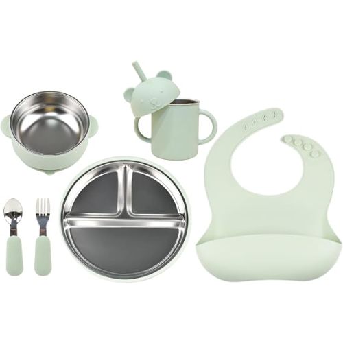 Stainless Steel Baby Feeding Set (6-Piece) – Suction Plate & Bowl, Straw Cup, Spoon, Fork & Bib – Non-Toxic, BPA-Free, Durable Set for Starting Solids, Essentials for Babies & Toddlers (Sage Green)
