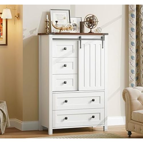 GarveeHome Farmhouse 5 Drawer Dresser for Bedroom, 48 in Tall Wood Dresser Chest of Drawer with Sliding Barn Door, Adjustable Shelf, Storage Organizer for Bedroom, Hallway, Living Room, Kitchen, White