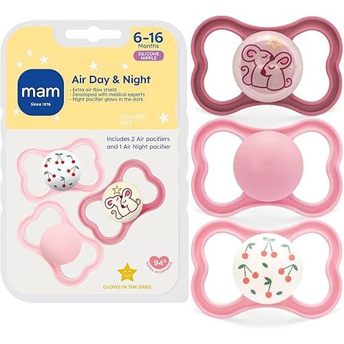 MAM Air Pacifier for Babies 6-16 Months, Extra Air Flow for Sensitive Skin, Glows in The Dark, Developed with Medical Experts, BPA-Free Skin Soft Silicone, 3 Pack, Made in Europe