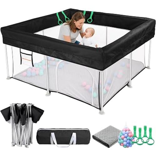 Foldable Baby Playpen with Mat, 50x50 in, Black