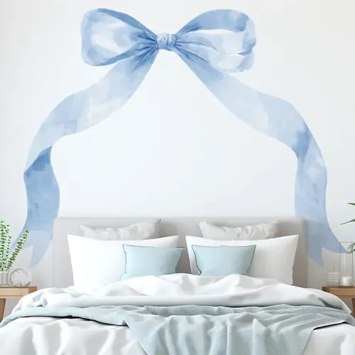 59 x 45 Inch Large Boho Bow Wall Stickers Peel and Stick Coquette Girl Room Decor Large Watercolor Bow Stickers Preppy Waterproof Vinyl Decals Wall Decor for Girl Room Nursery(Pastel Blue)