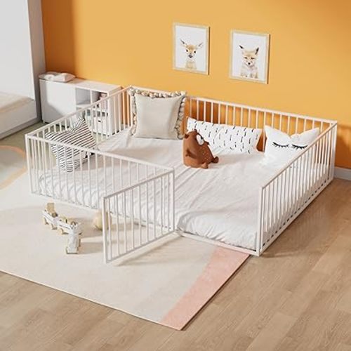 Full Floor Bed for Child, Metal Montessori Bed Frame with Safety Guardrails, Montessori Floor Bed Frame for Girls and Boys, No Box Spring Needed, White