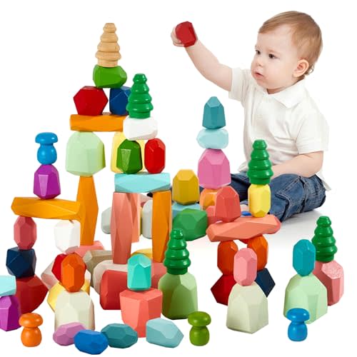 58PCS Montessori Wooden Stacking Rocks Toys Colorful Stacking Stones Building Blocks Games Sensory Toy for Toddlers Educational Learning Toys for 3+ Years Old Kids