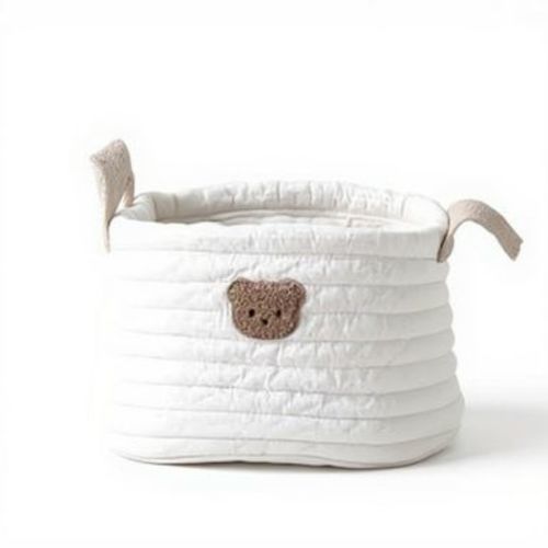 Anna-Kaci Soft Fabric Storage Basket with Embroidered Teddy Bear Design and Side Handles - WhiteB