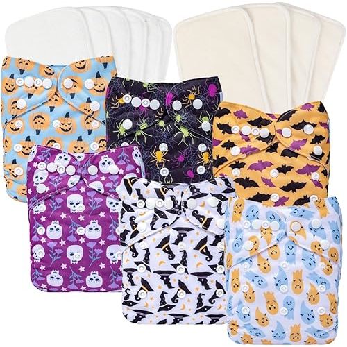 Babygoal Halloween Cloth Diapers 6 Pack with 10 Inserts, Baby Reusable Adjustable Washable One Size Pocket Nappy Covers