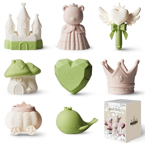 MarcZero Princess Silicone Bath Toys 8Pcs for Toddlers Kids Babies,Bathtub Water Toys,Soft Squeezable Easy-Grip Pool Toys Set (Green)