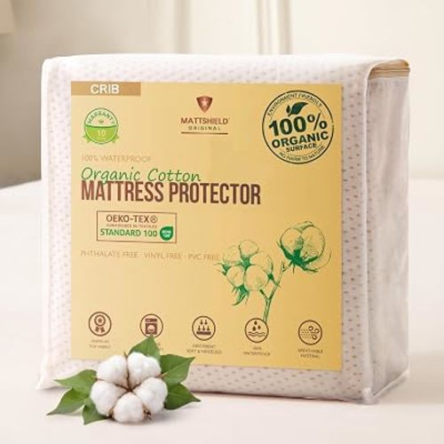 Deluxe Organic Cotton Percale Crib Mattress Protector Waterproof – Premium 280 GSM Breathable Soft Baby Mattress Pad Cover, Fitted Standard 52 x 28