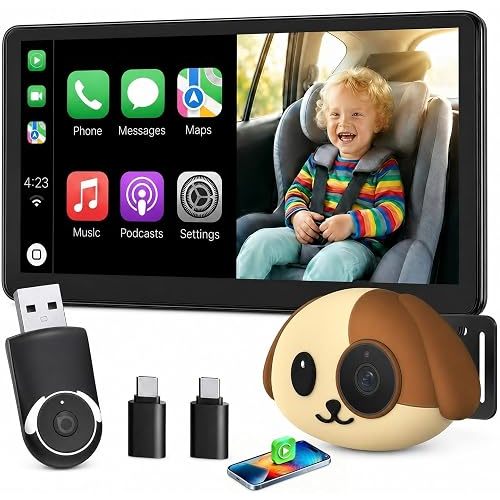 Castronix Cabin Care 1080P Baby Car Camera with Wireless CarPlay Adapter for iPhone Only, Real-Time Rear Seat Monitor, 150° Wide-Angle, IR Night Vision,Works with Factory Wired CarPlay (Dog)