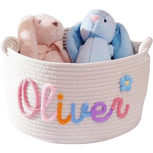 Custom Baby Gift Basket, Personalized Baby Show Gift Basket With Name, Children's Toy Storage Box, Rope Cotton Bag, Baby Name Basket, Newborn Baby Gift (Style 3) (Style1) (C5)