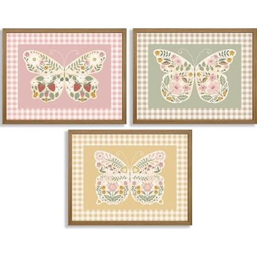 Nursery Butterfly Wall Art Little Girls Room Canvas Wall Decor Floral Cottage Nursery Poster Pink Girls Gingham Prints Butterfly Flowers Picture Artwork for Kids Baby Girls Bedroom 12x16x3 In Framed