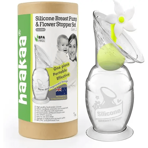 Haakaa Manual Breast Pump Silicone Breast Pump Milk Saver Milk Pump with Suction Base and Flower Stopper 100% Food Grade Silicone BPA Free (5oz/150ml) (White)