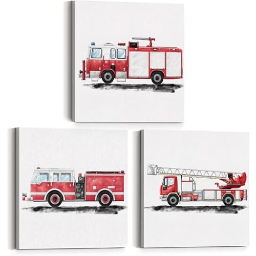 Set of 3 Fire Truck Nursery Transportation Canvas Wall Art Framed Paintings Prints Watercolor Fire Engine Firetruck Canvas Posters Pictures Wall Decor for Home Kids Bedroom 12x12 Inch