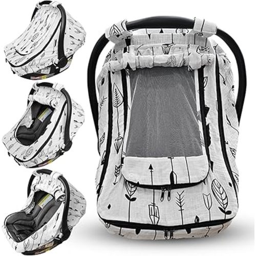 Car Seat Cover for Babies with 100% Cotton Muslin Material | Breathable Carseat Cover for Boys and Girls | Infant Car Seat Canopy for Boys and Girls (Arrows)