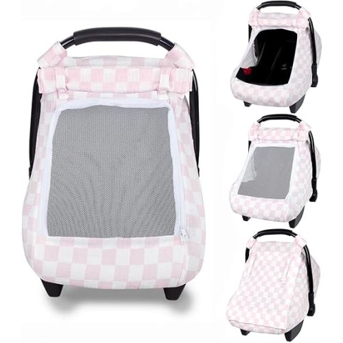 DAYEEBALL Summer Baby Car Seat Cover, Muslin Carseat Cover for Infant Boys Girls with Large Mesh Window, Breathable Newborn Car Seat Canopy, Pink Checkerboard