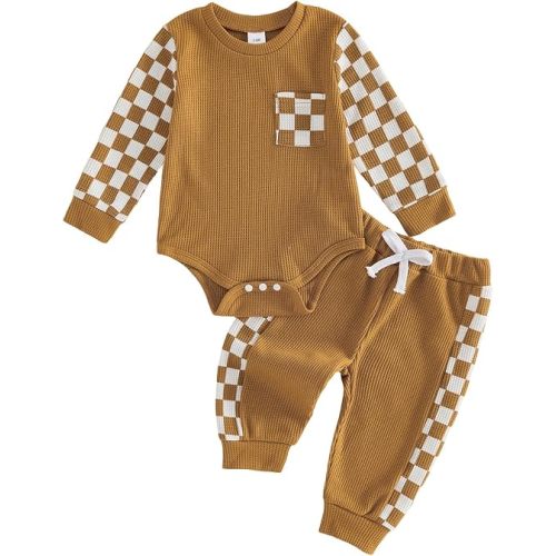 Newborn Baby Boy Girl Clothes Checkered Plaid Long Sleeve Waffle Knit Romper Pants Set 2 Piece Fall Winter Outfits