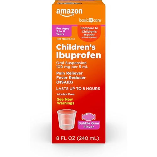 Amazon Basic Care Children's Ibuprofen Oral Suspension 100 mg per 5 mL, Pain Reliever and Fever Reducer (NSAID), BubbleGum, For Minor Aches and Pains, Headache Relief and More, 8 fl oz (Pack of 1)