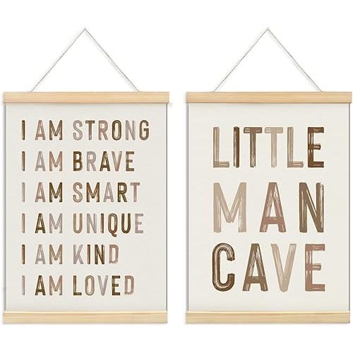 ULEGIE Boy Nursery Decor Posters Framed with Wood Hanger, Little Man Cave Sign for Boys Kids, Boys Room Decor, Toddler Room Decor, Art Prints for Nursery Playroom Bedroom, 2 Pack 12 x 16 Inches-Brown