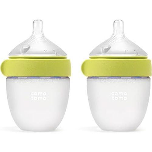 Comotomo Silicone Baby Bottle Gen 2 – 2026 Release (5oz) – True Slow-Flow Nipple for Newborn Feeding (0-3 Months) with Dual Anti Colic Vents for Breast to Bottle Transition, Green (Double Pack)