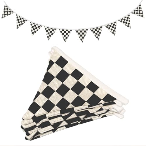 XYDEG Boys Room Wall Art Decor,Cars Room Decor for Toddler Nursery Playroom, Black and White Checkered Garland Triangle Banners,Racing Flags 11Ft Bunting Flags Fabric for Baby Shower Birthday Party