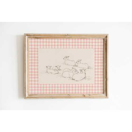 Christian Vintage Wall Art, Pink Gingham, Cottage Core Home Decor, Nursery Scripture Print, Bible Verse Art, Printable, Lamb Drawing, Plaid