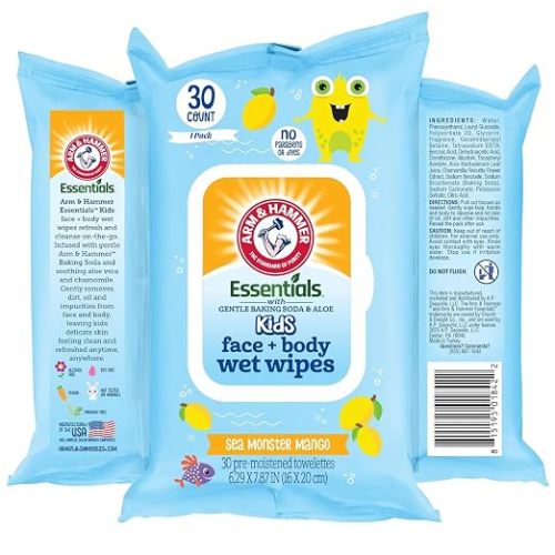 Sea Monster Mango Baby Wipes - 30 Count Travel Friendly Face & Body Wet Wipes - 1 Flip-Top Pack of Towelettes Infused with Aloe Vera & Chamomile