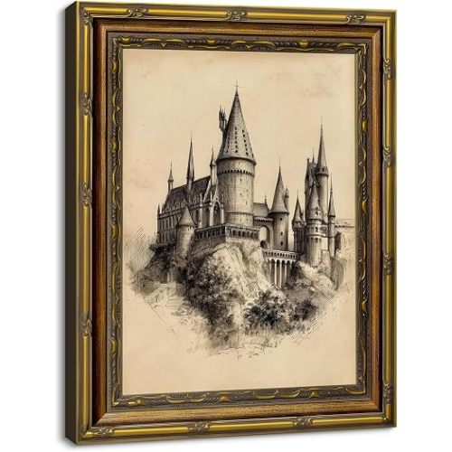 Vintage Gold Framed Wizard Medieval Castle Sketch Wall Art, Cottage Core Farmhouse Home Room Decor, Antique Sepia Fantasy Magic School Drawing Print, 16"L x 12"W carved gold frame canvas ready to hang bedroom living room Study room magical neutral decor g