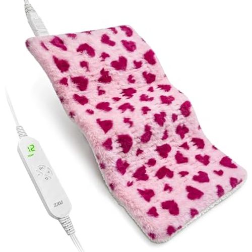 ZXU Heating Pad for Back Pain and Period Cramps Relief, Ultra Soft Sherpa Heating Pad, 12 Heat Settings, 8 Timer Settings,Stay on Function Hot Heated Pad,Cute Pink Heart Pattern, 12 x 24 Inch