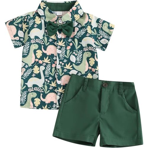Tsnbre Toddler Baby Boy Clothes Shorts Set Dinosaur Print Shirt Short Sleeve Button Down Top Solid Shorts Summer Outfit