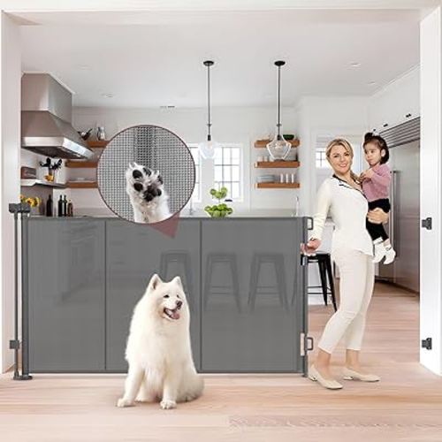 GRENFU Reinforced 41 Inch Extra Tall Pet Gate, 80 Inch Extra Wide, Retractable Baby Gate with Support Rods, Gray, Metal Frame with Mesh Fabric, Ideal for Dogs and Babies