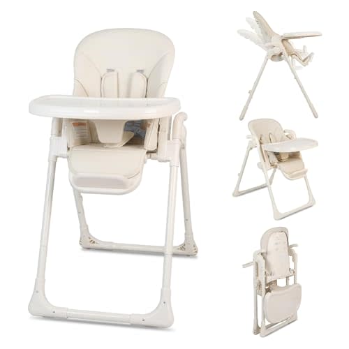High Chairs for Babies and Toddlers, Foldable Dining Chair for Home, Adjustable Height, Backrest and Footrest, Removable Double Tray, Compact & Space-Saving, 2 Built-in Wheels, Beige