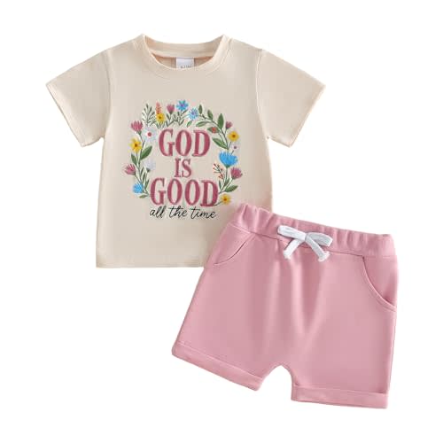Toddler Baby Girl Christian Clothes God Is Good All The Time Flower Embroidered T Shirt Shorts Set Summer Outfits 2Pcs