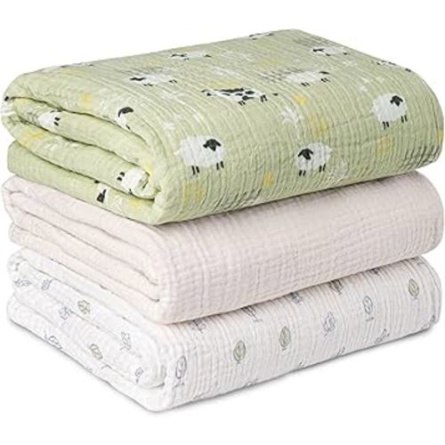 Muslin Swaddle Blankets for Newborn, 3 Pack Breathable Soft Receiving Blanket, Large 38 x 40 inches Swaddle Wrap Burping Clothes Diapers, Essentials Infant Shower Items, Toddler Gift (Cute Farm)