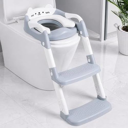 Orzbow Potty Training Seat with Step Stool, Adjustable Height, Anti-Slip | Safety Handles, Comfortable Seat Cushion, Splash Guard for Toddler Boys and Girls, Fits Most Toilets, Foldable Storage, Gray