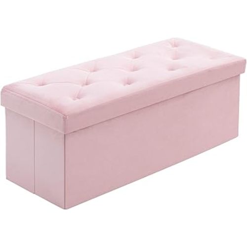 BRIAN & DANY 43 Inches Folding Storage Ottoman Bench, Velvet Ottoman with Storage for Living Room, Long Shoes Bench, Flannelette Footrest Benches Seat (Pink)