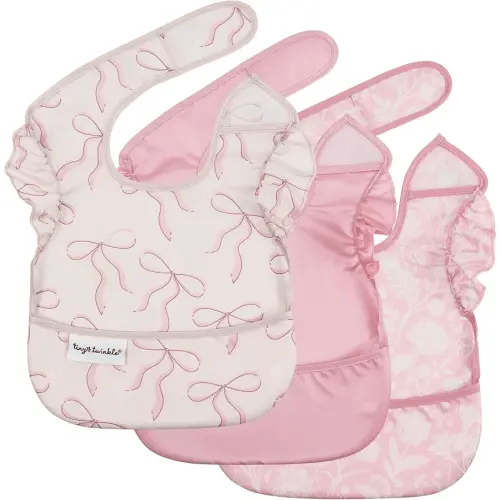 Tiny Twinkle Mess-Proof Baby Bibs for Eating | Waterproof, Wipeable Toddler Bibs with Catch-All Pocket | Feeding Bibs for Girls & Boys(3 Pack,Toile,Bows)