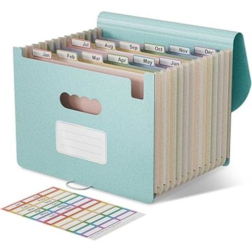 Accordion File Organizer, 12-Pocket Wheat Straw Expanding File Folder, Portable Monthly Bill & Tax Receipt Organizer, Letter/A4 Size Document Holder with Colorful Tabs-Sky Blue
